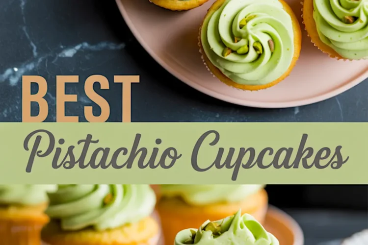 Collage showing a plate of pistachio cupcakes topped with pale green buttercream and crushed pistachios, paired with a close-up of a sliced cupcake showing chopped pistachios baked into the moist yellow cake, with overlay text “Best Pistachio Cupcakes.”