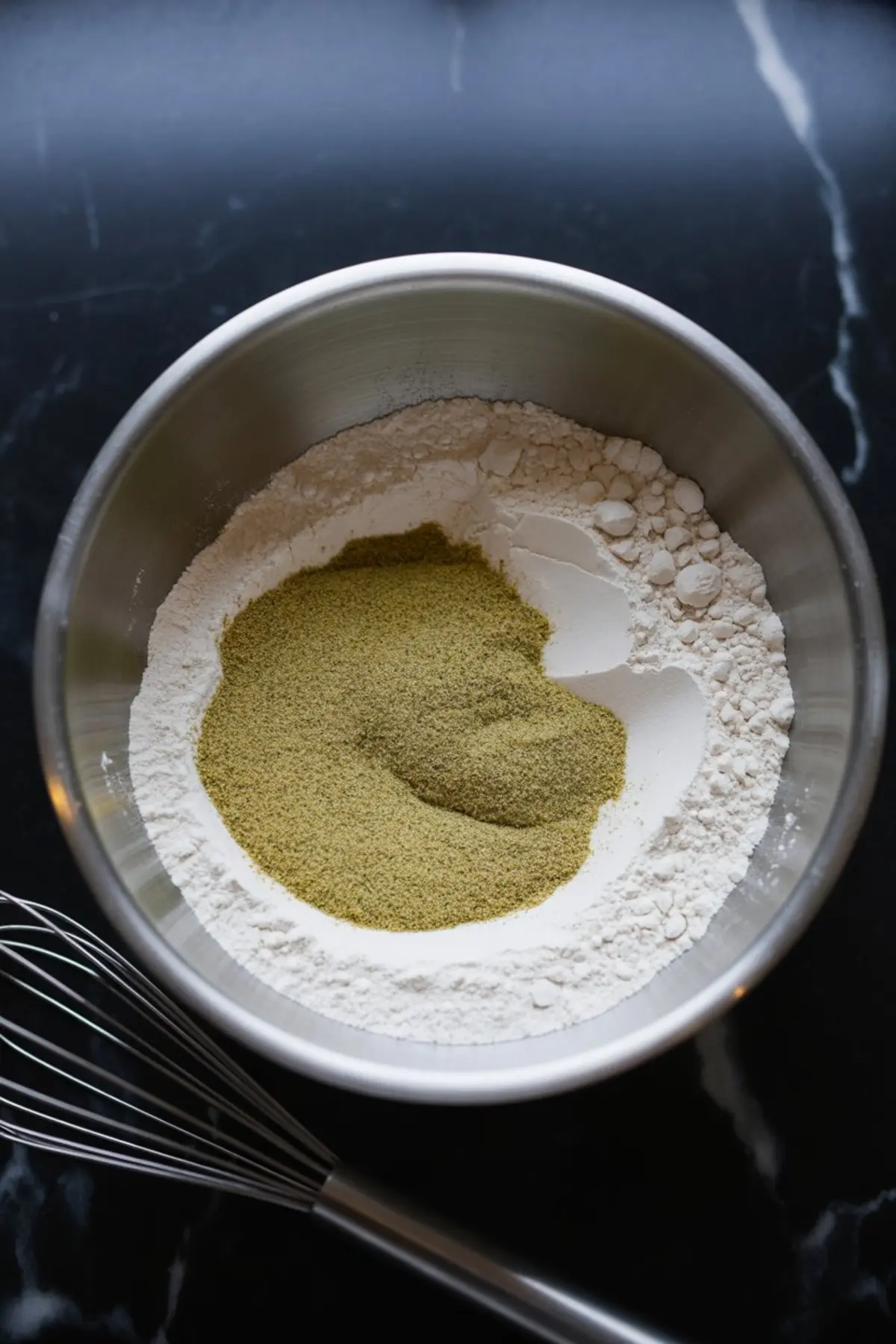 Overhead view of a mixing bowl filled with flour, baking powder, and green pistachio pudding mix on a dark marble surface, with a metal whisk placed beside the bowl.