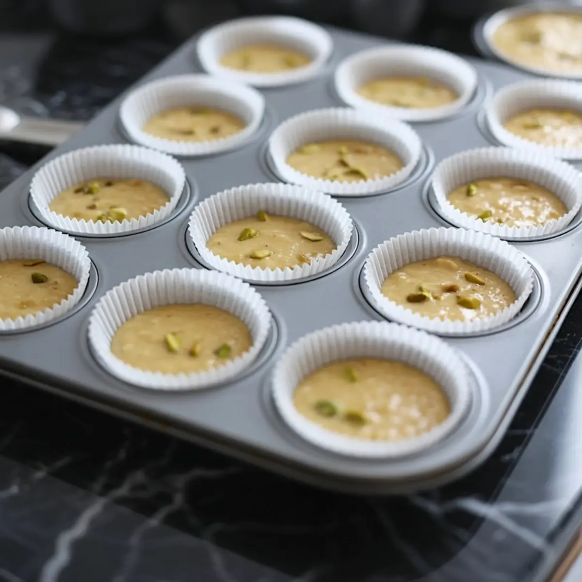 Raw pistachio cupcake batter portioned into a muffin tin lined with white paper cupcake liners, with chopped pistachios sprinkled on top of the batter.