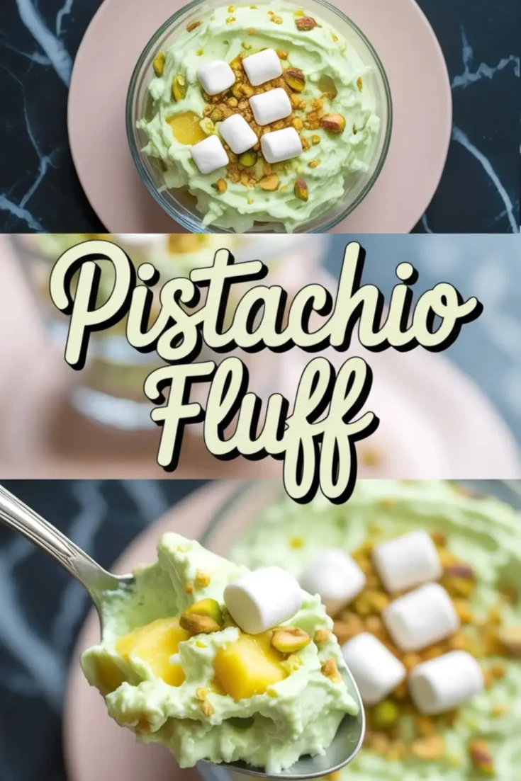 Collage image showing a bowl of pistachio fluff salad topped with mini marshmallows, crushed pistachios, and pineapple chunks, paired with a close-up spoonful capturing the creamy green texture, diced fruit, and nut topping; center text overlay reads “Pistachio Fluff” in bold cursive.