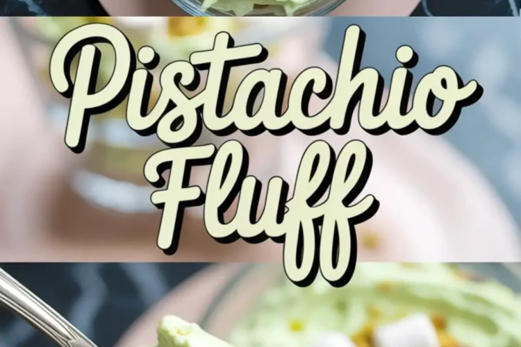 Collage image showing a bowl of pistachio fluff salad topped with mini marshmallows, crushed pistachios, and pineapple chunks, paired with a close-up spoonful capturing the creamy green texture, diced fruit, and nut topping; center text overlay reads “Pistachio Fluff” in bold cursive.