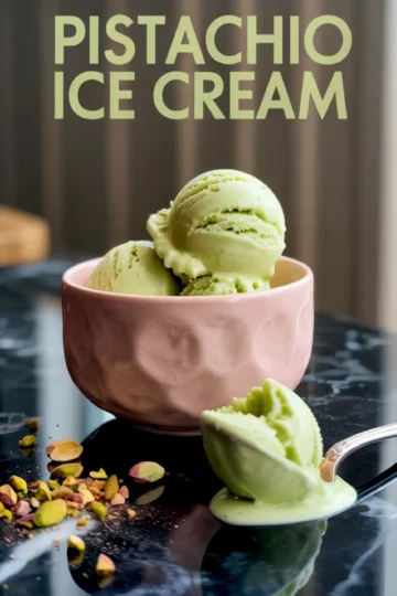 Close-up of pistachio ice cream scoops in a pink ceramic bowl, with a scoop on a spoon and scattered crushed pistachios on the glossy black surface, captioned “Pistachio Ice Cream.”