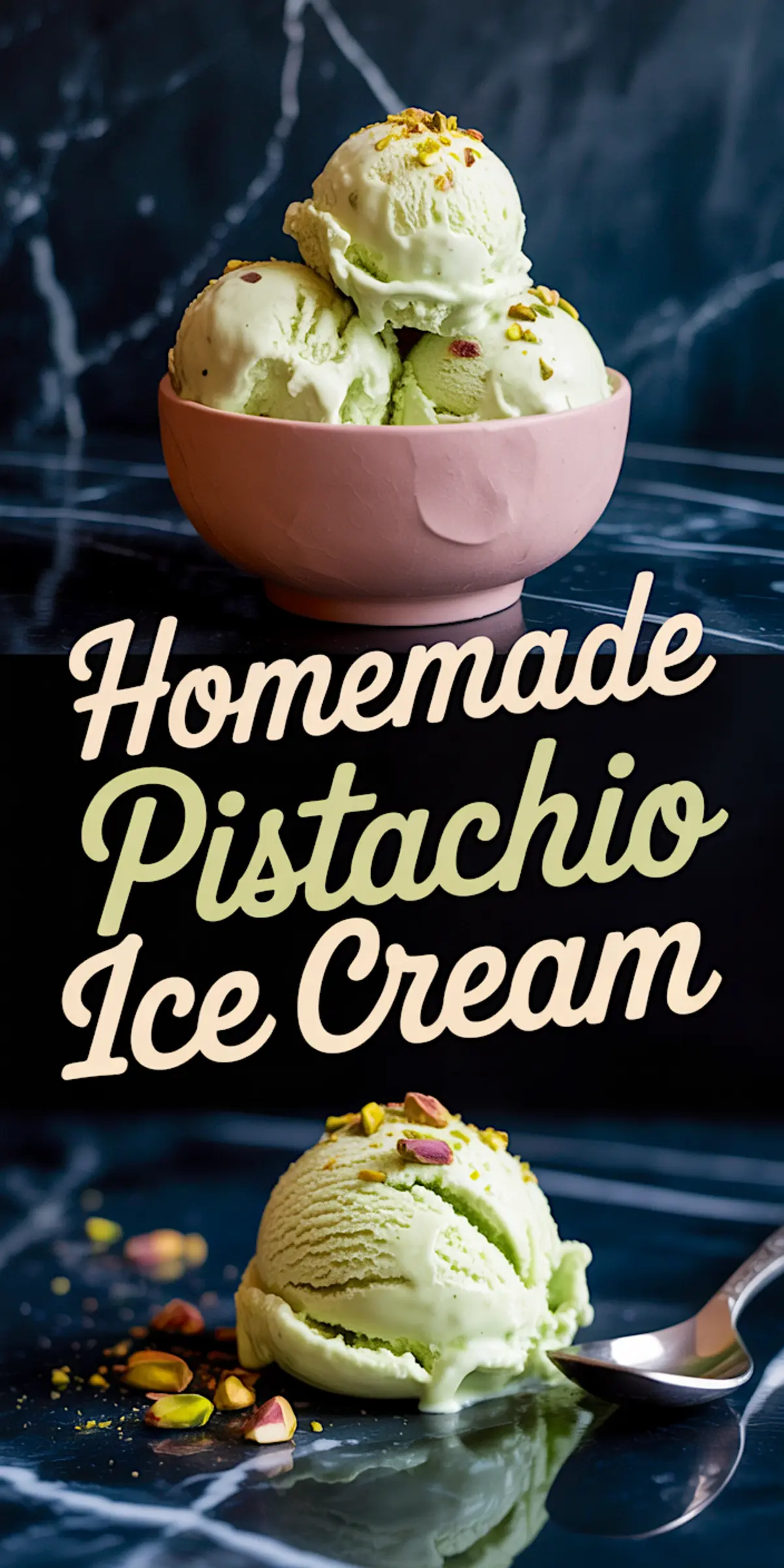 Vertical collage featuring two scenes of pistachio ice cream—top shows three scoops in a pink bowl, bottom displays a single scoop garnished with chopped pistachios next to a spoon on a black marble surface, with stylized “Homemade Pistachio Ice Cream” text in the center.