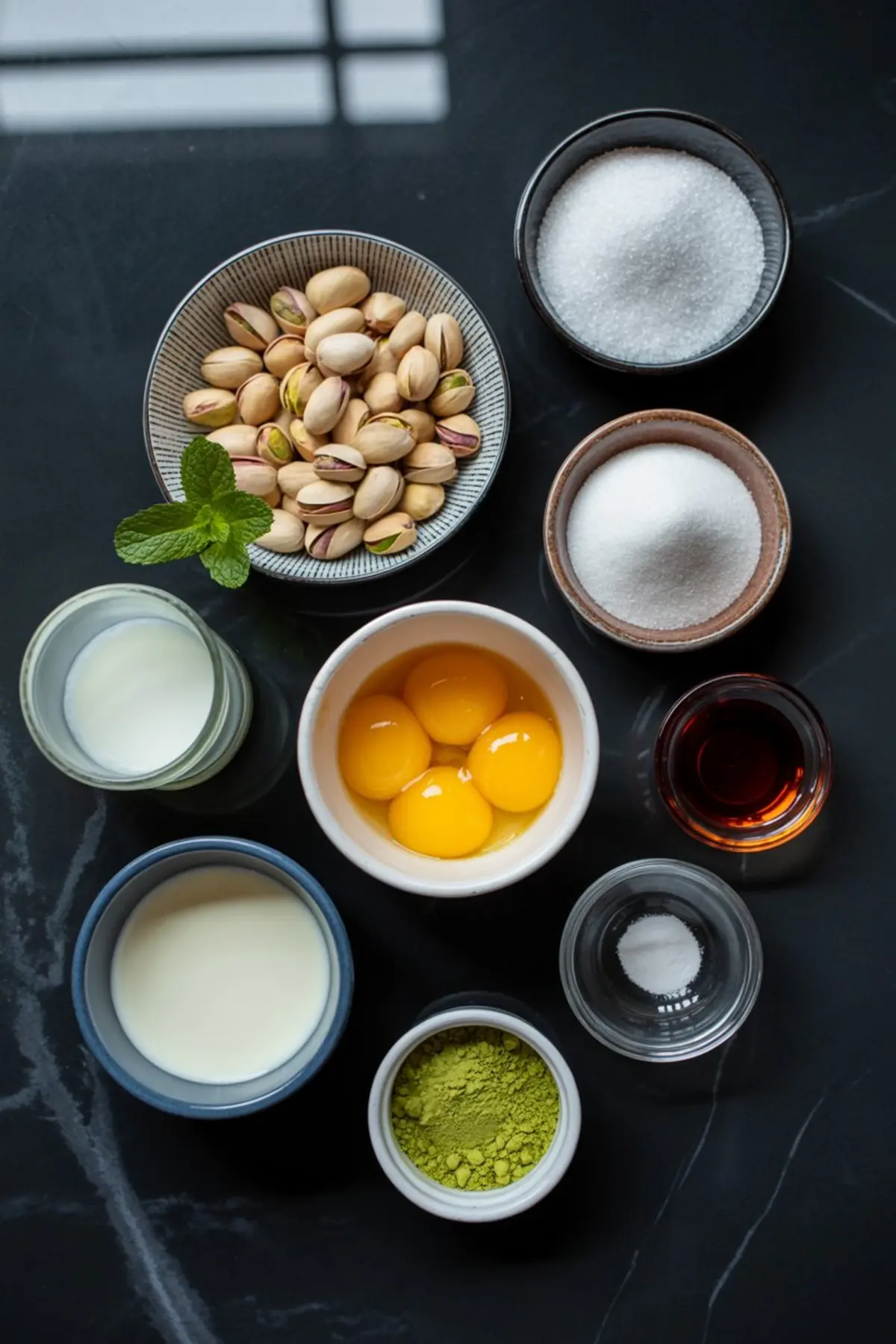 Flat lay of pistachio ice cream ingredients including shelled pistachios, granulated sugar, egg yolks, milk, cream, vanilla extract, salt, and matcha powder, arranged in bowls on a black marble surface.