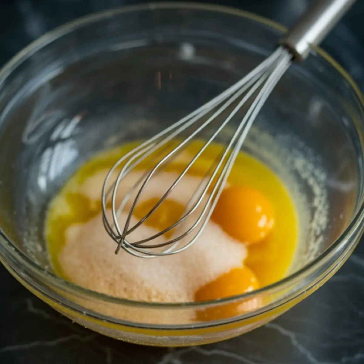 Glass mixing bowl with raw egg yolks, sugar, and melted butter, accompanied by a metal whisk on a dark stone surface.