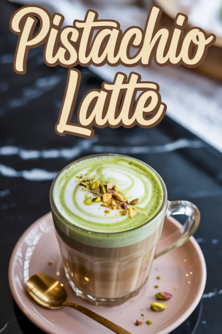 Pistachio latte in a clear glass mug with a swirl of green pistachio cream and white foam, topped with chopped nuts, set on a pink plate with a gold spoon and decorative “Pistachio Latte” text overlay.