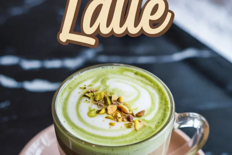 Pistachio latte in a clear glass mug with a swirl of green pistachio cream and white foam, topped with chopped nuts, set on a pink plate with a gold spoon and decorative “Pistachio Latte” text overlay.