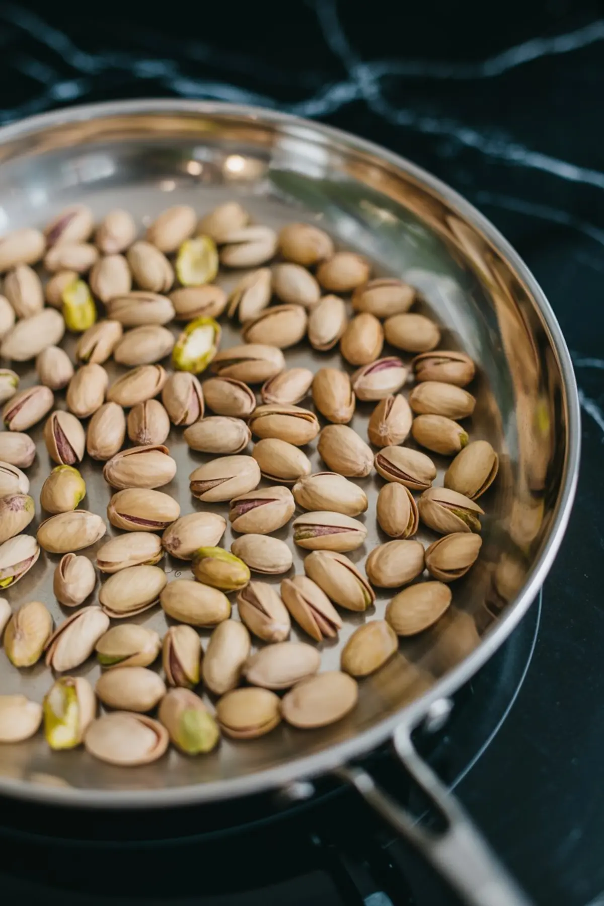 Raw pistachios in their shells spread evenly in a stainless steel skillet on a black marble countertop, ready for toasting to enhance their flavor.