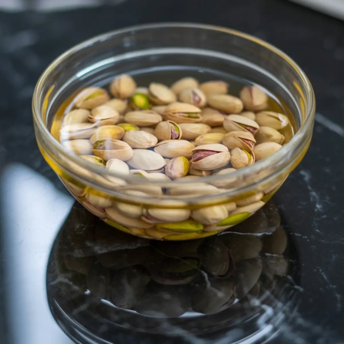 Pistachios soaking in a clear glass bowl filled with water, placed on a glossy black marble surface to soften the shells for easy peeling.
