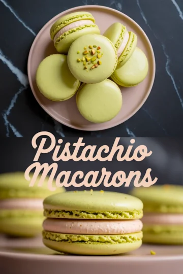 Collage image featuring a top view of green pistachio macarons with crushed nuts on top, and a close-up of one macaron with pink filling, styled with “Pistachio Macarons” text in light pink on a dark background.