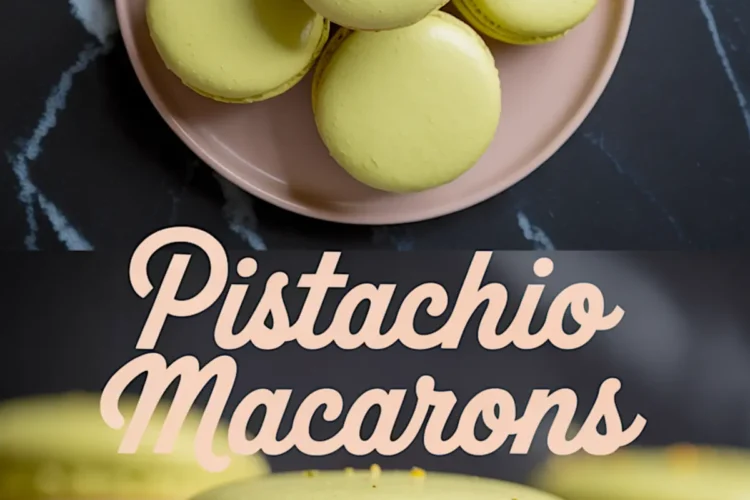 Collage image featuring a top view of green pistachio macarons with crushed nuts on top, and a close-up of one macaron with pink filling, styled with “Pistachio Macarons” text in light pink on a dark background.