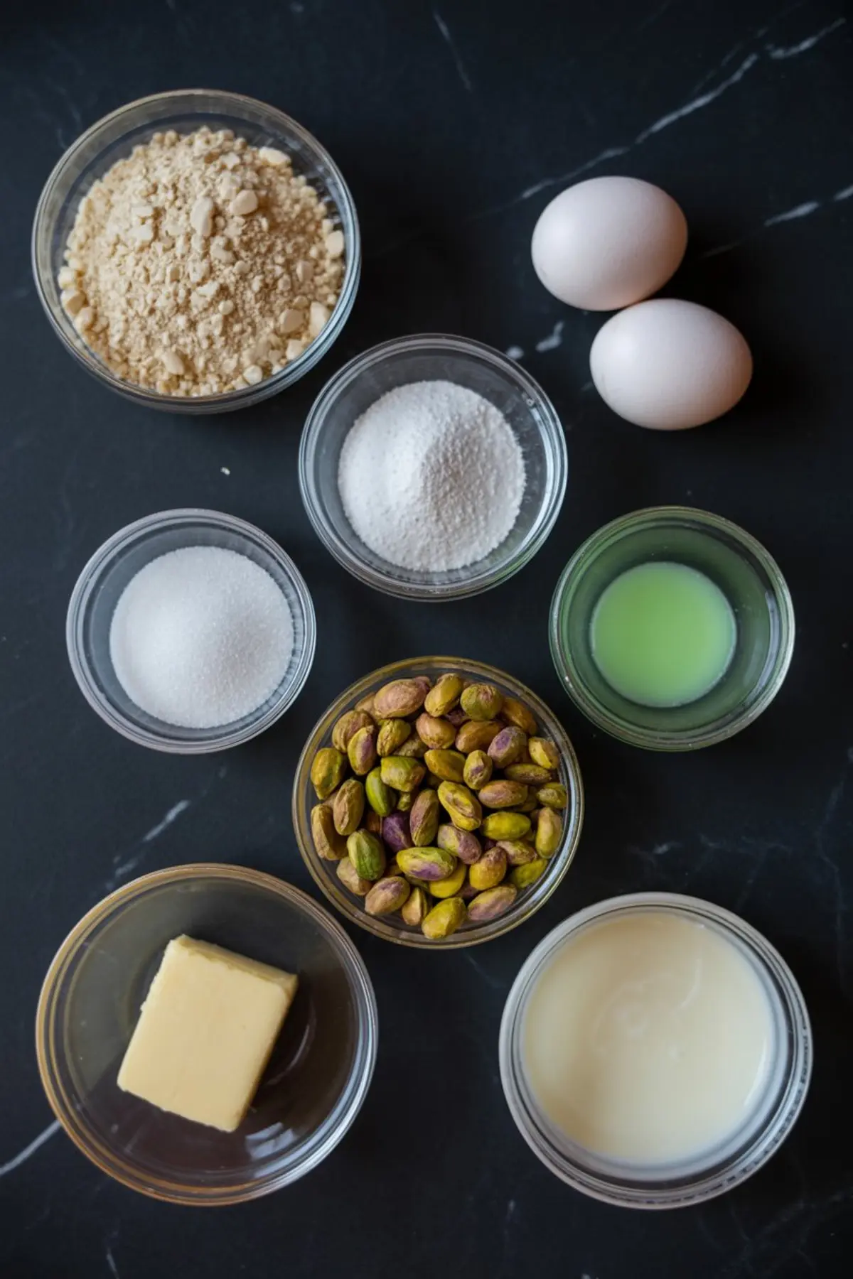 Overhead photo of pistachio macaron ingredients arranged on a black marble surface, including blanched almond flour, granulated sugar, powdered sugar, eggs, pistachios, butter, condensed milk, and green food coloring.