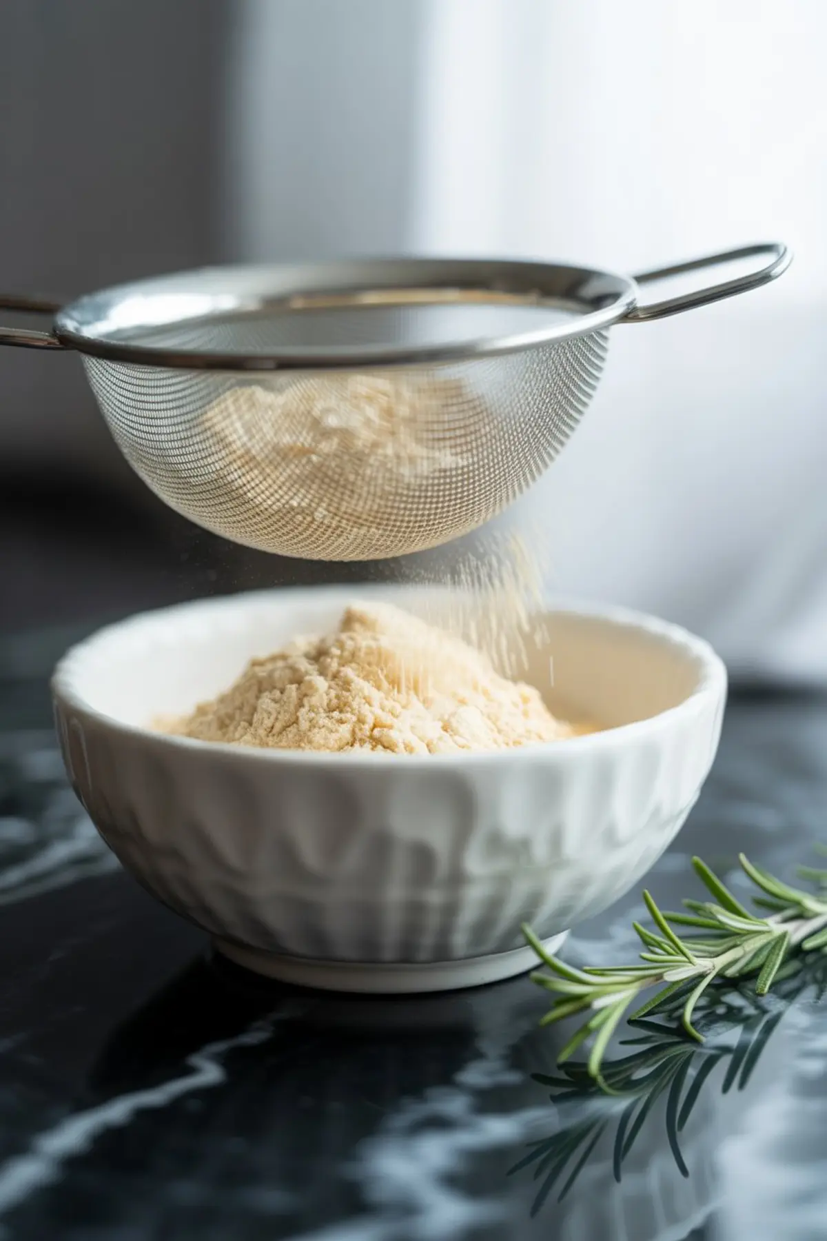 Almond flour being sifted into a white ceramic bowl using a metal sieve, with soft lighting and a sprig of rosemary on a marble countertop.