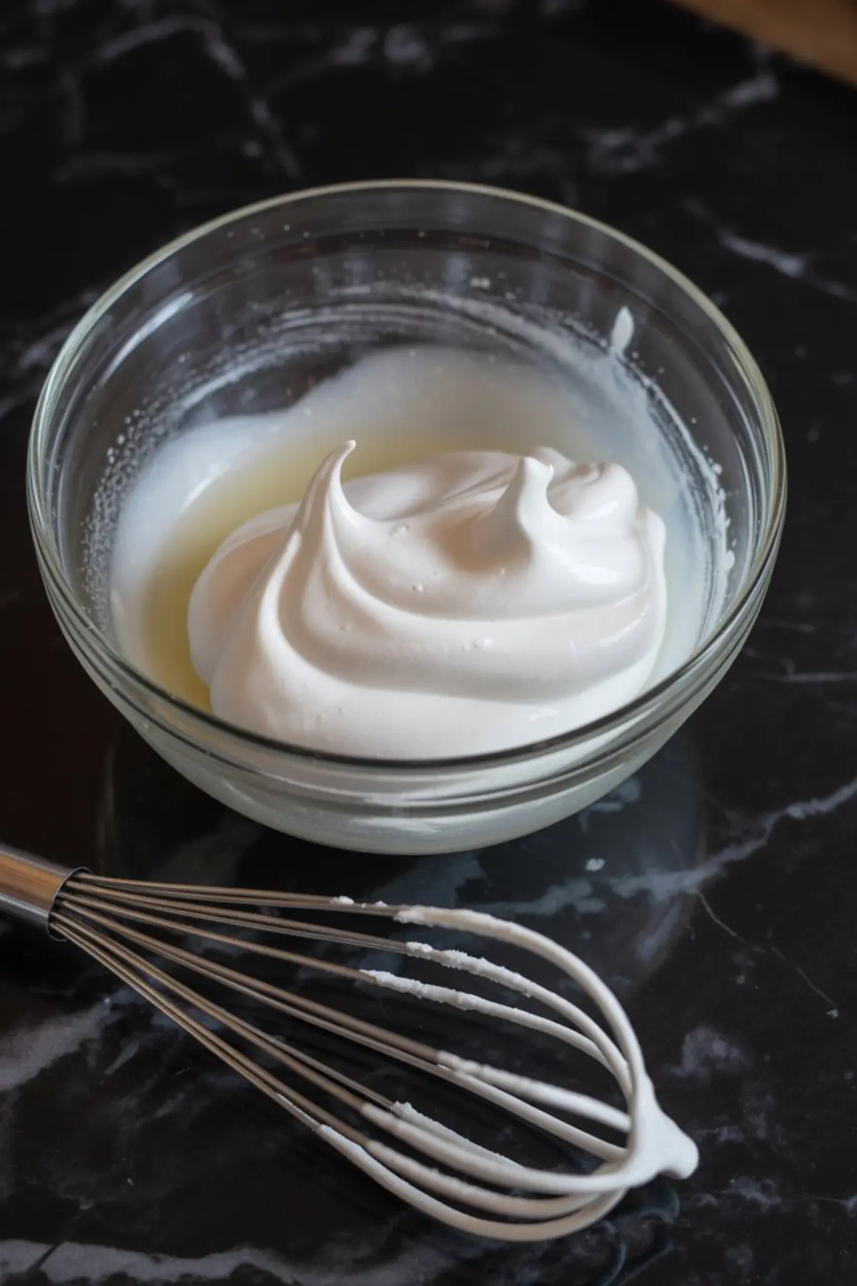 Glass bowl filled with stiffly whipped egg whites forming glossy peaks, with a metal whisk resting beside on a black marble surface.