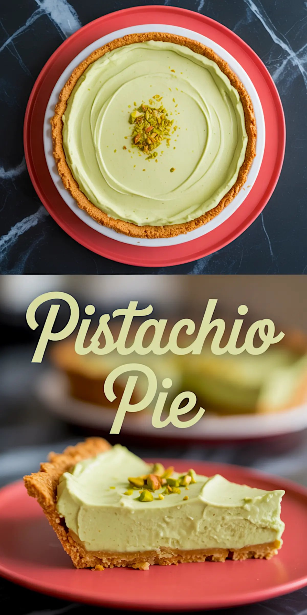  Collage featuring a whole pistachio pie with a smooth pastel green filling topped with crushed pistachios, and a close-up slice served on a pink plate with “Pistachio Pie” text overlay in retro-style font.