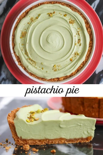 Collage showing a top view of a finished pistachio cream pie with a swirled filling in a graham cracker crust, and a close-up of a pie slice garnished with chopped pistachios on a silver surface.