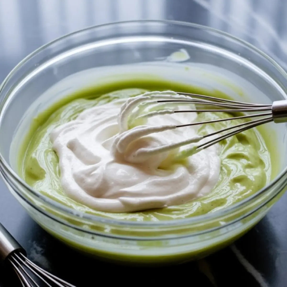 A glass mixing bowl filled with creamy green pistachio pudding being blended with whipped topping using a metal whisk on a dark countertop.