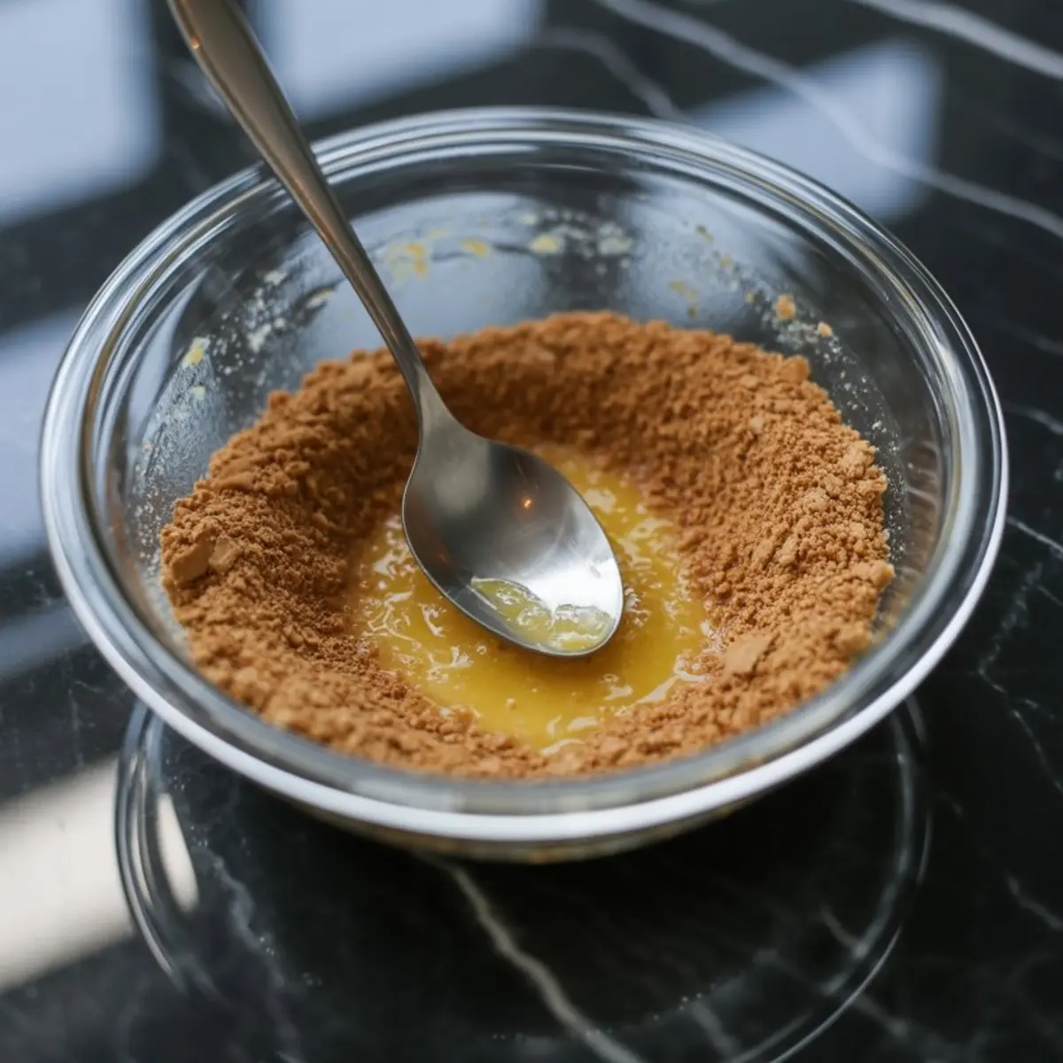 Crushed graham cracker crumbs and melted butter partially mixed with a spoon in a clear glass bowl, sitting on a black marble surface.