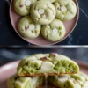 Pistachio pudding cookies on a pink plate in a top view and close-up of a broken cookie showing the soft green interior, melted white chocolate chips, and pistachio chunks.