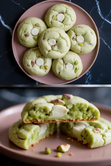 Pistachio pudding cookies on a pink plate in a top view and close-up of a broken cookie showing the soft green interior, melted white chocolate chips, and pistachio chunks.