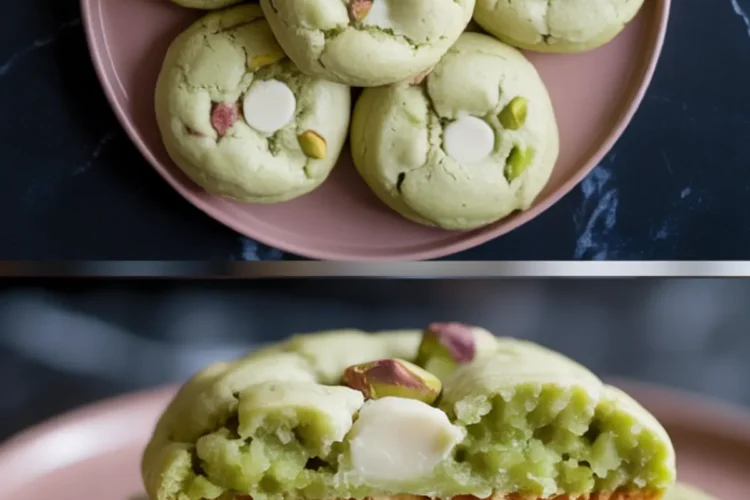 Pistachio pudding cookies on a pink plate in a top view and close-up of a broken cookie showing the soft green interior, melted white chocolate chips, and pistachio chunks.