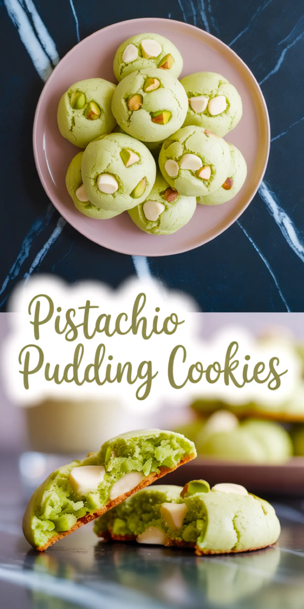 Stack-style collage with pink plate of pistachio pudding cookies above and a close-up below of two broken cookies showing a soft green center with chunks of white chocolate and pistachios, labeled “Pistachio Pudding Cookies.”