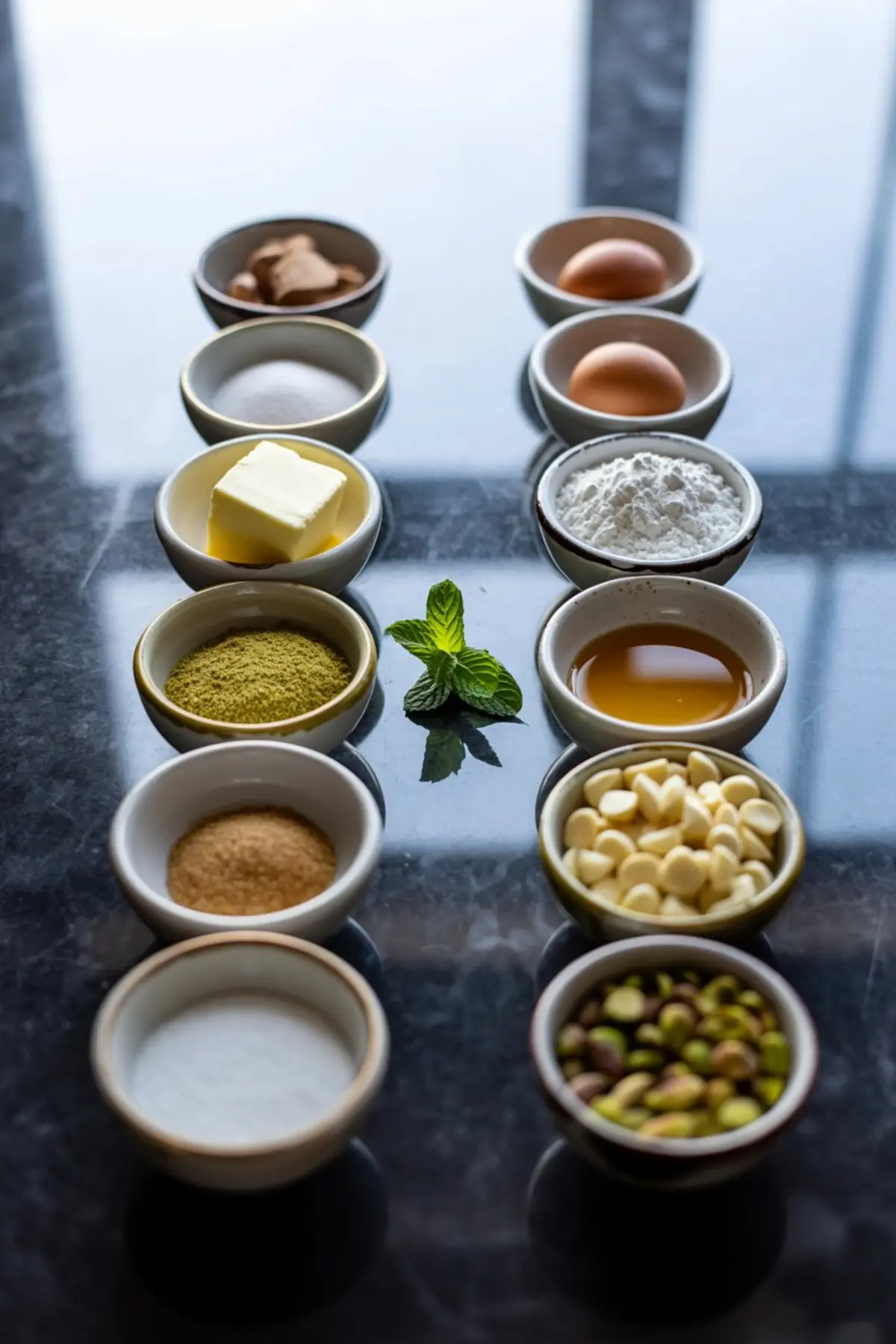  Overhead view of small ceramic bowls filled with cookie ingredients including butter, eggs, flour, sugar, brown sugar, white chocolate chips, pistachio pudding mix, vanilla extract, and whole pistachios, with mint leaves in the center for garnish.