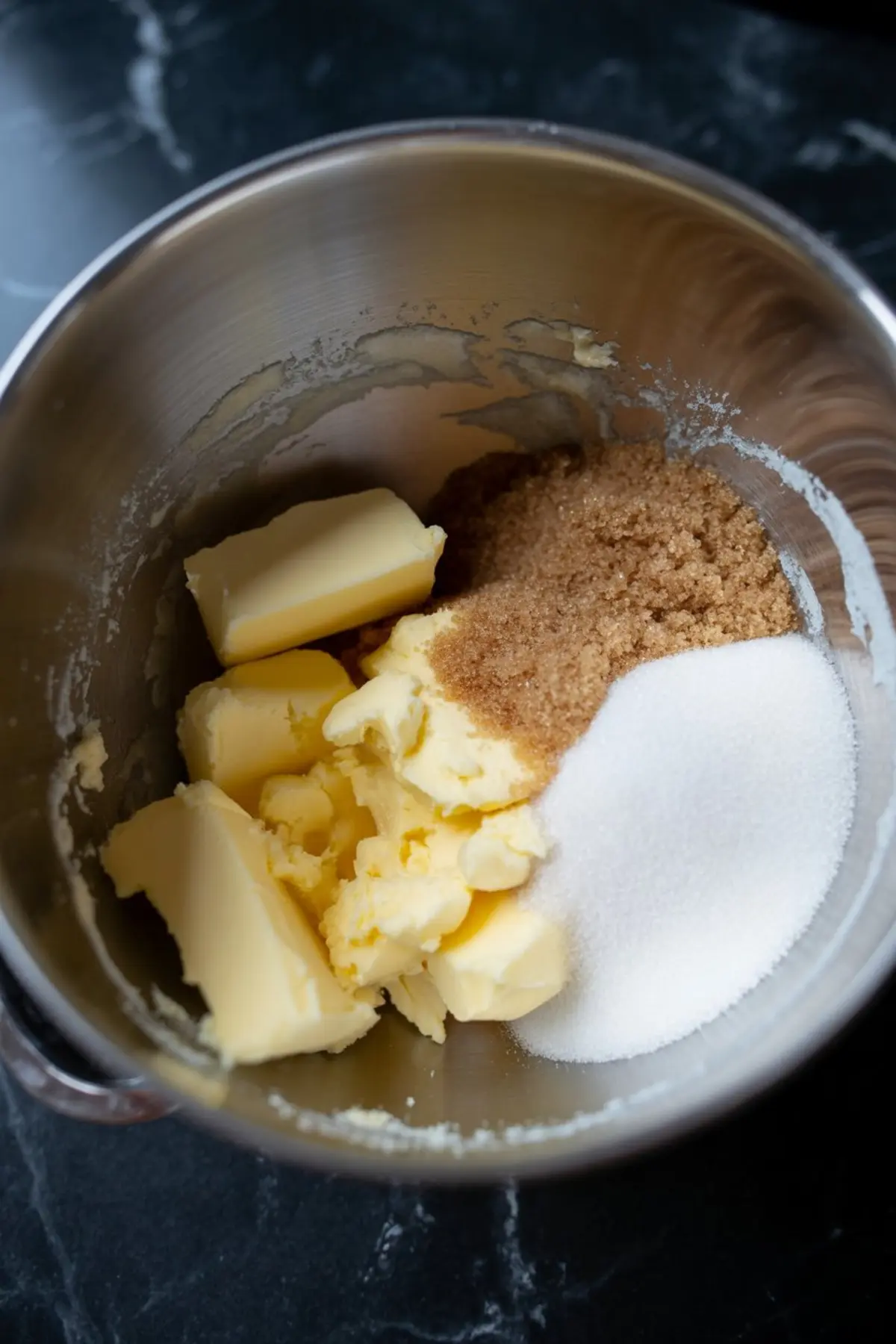 Mixing bowl with softened butter, granulated sugar, and brown sugar on a black marble surface, ready to be creamed for cookie dough preparation.