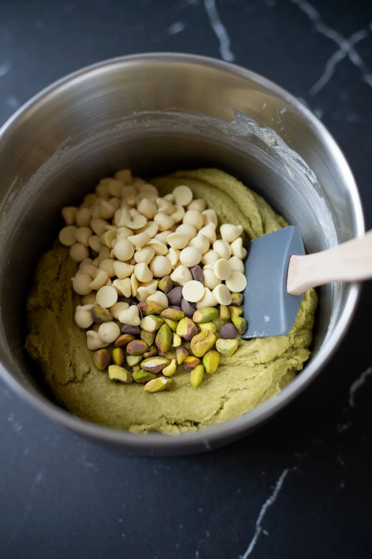 Thick pistachio cookie dough in a mixing bowl topped with white chocolate chips and whole pistachios, alongside a silicone spatula.