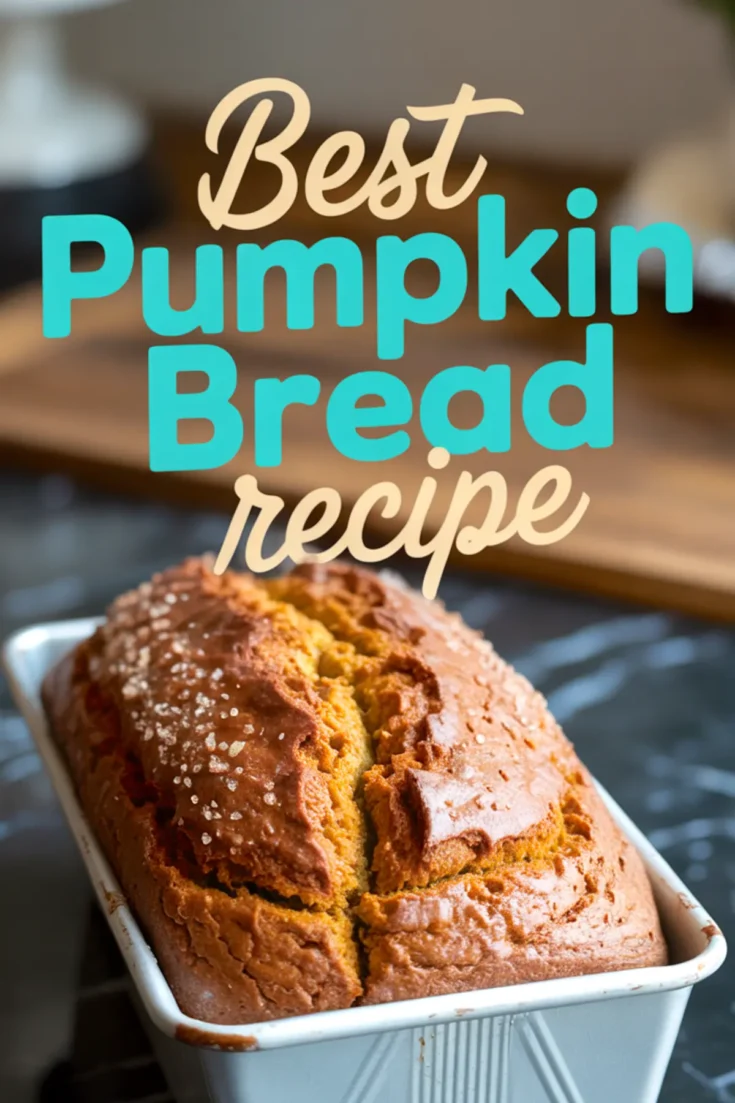 Vertical collage of golden-brown pumpkin bread in a loaf pan with crackled top crust, labeled “Best Pumpkin Bread Recipe” in large blue and cream lettering.