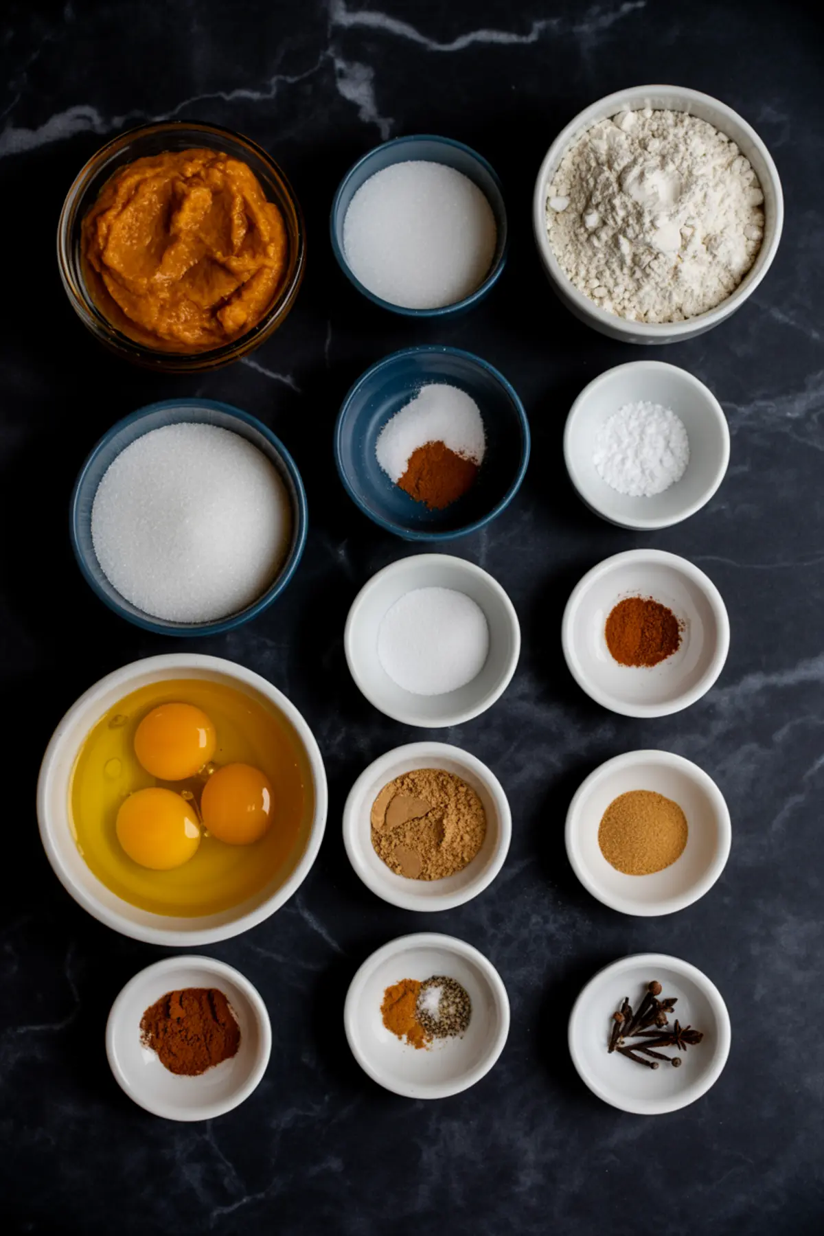 Flat lay of pumpkin bread ingredients in individual bowls on a black marble surface, including canned pumpkin, flour, eggs, sugar, baking powder, and a variety of warm spices like cinnamon, ginger, and cloves.