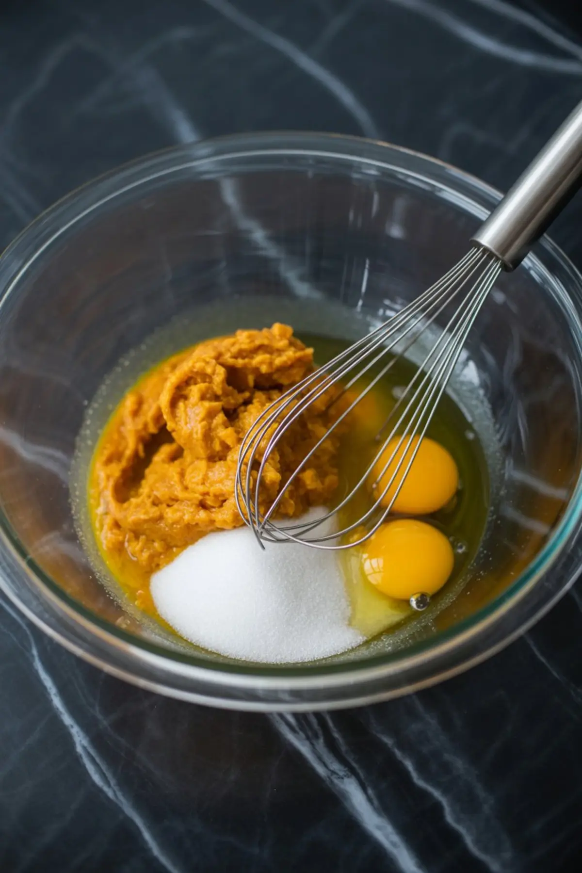 Glass bowl containing canned pumpkin, whole eggs, and granulated sugar with a metal whisk resting on the side, ready to be mixed for pumpkin bread batter.