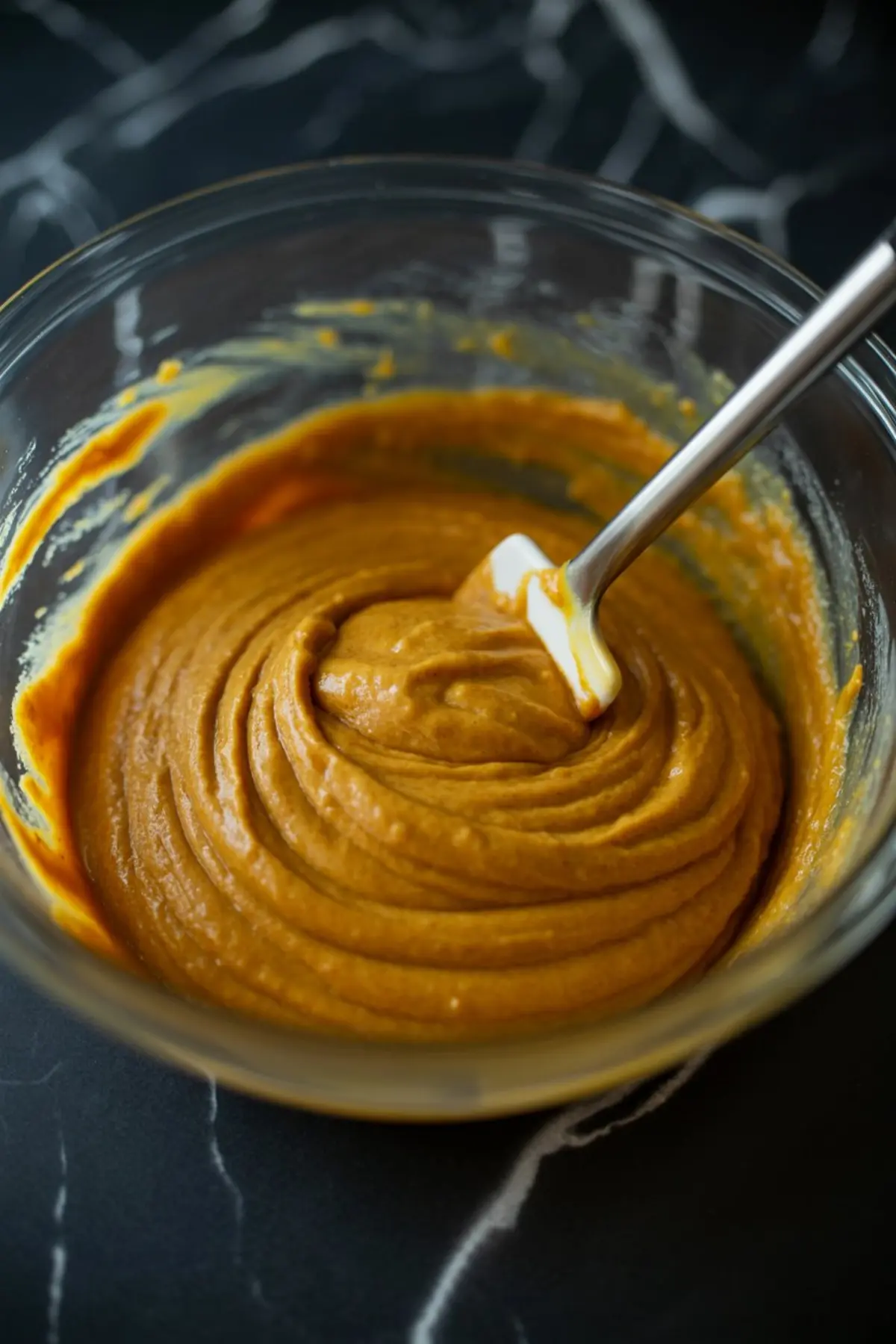Smooth pumpkin bread batter in a glass bowl with a white spatula, fully mixed and ready for baking.