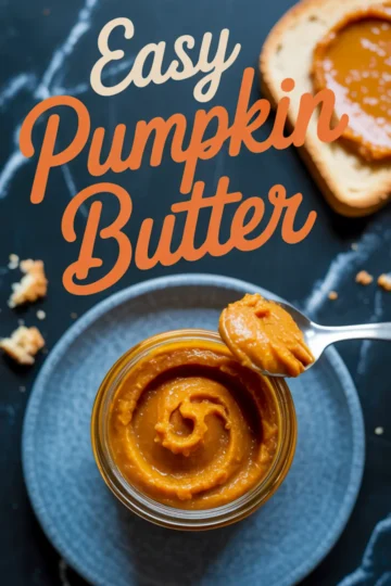Spoonful of pumpkin butter being lifted from a glass jar on a gray plate, with a slice of toast in the background and text overlay reading “Easy Pumpkin Butter.”