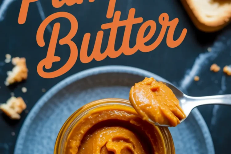 Spoonful of pumpkin butter being lifted from a glass jar on a gray plate, with a slice of toast in the background and text overlay reading “Easy Pumpkin Butter.”
