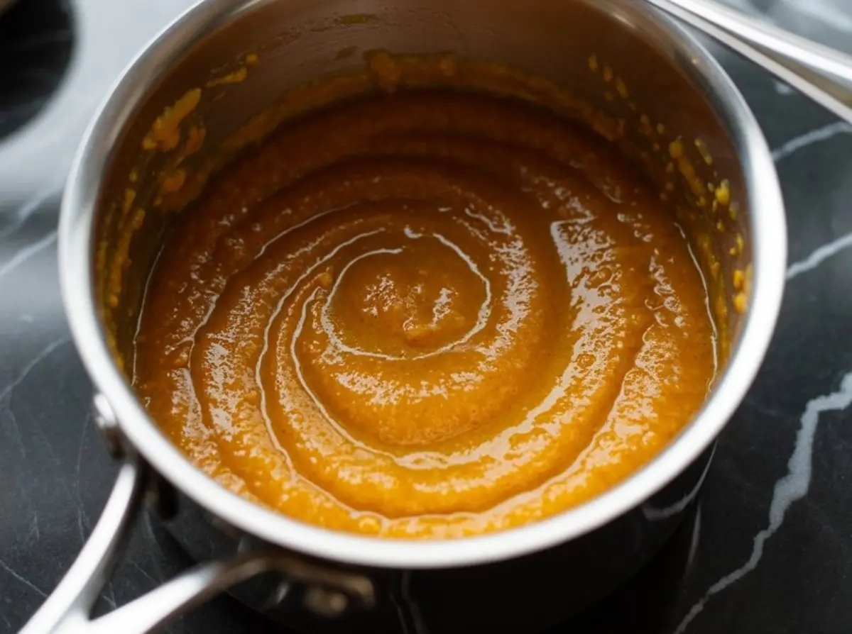 Pumpkin butter cooking in a saucepan, showing a smooth orange mixture swirled in the pot.