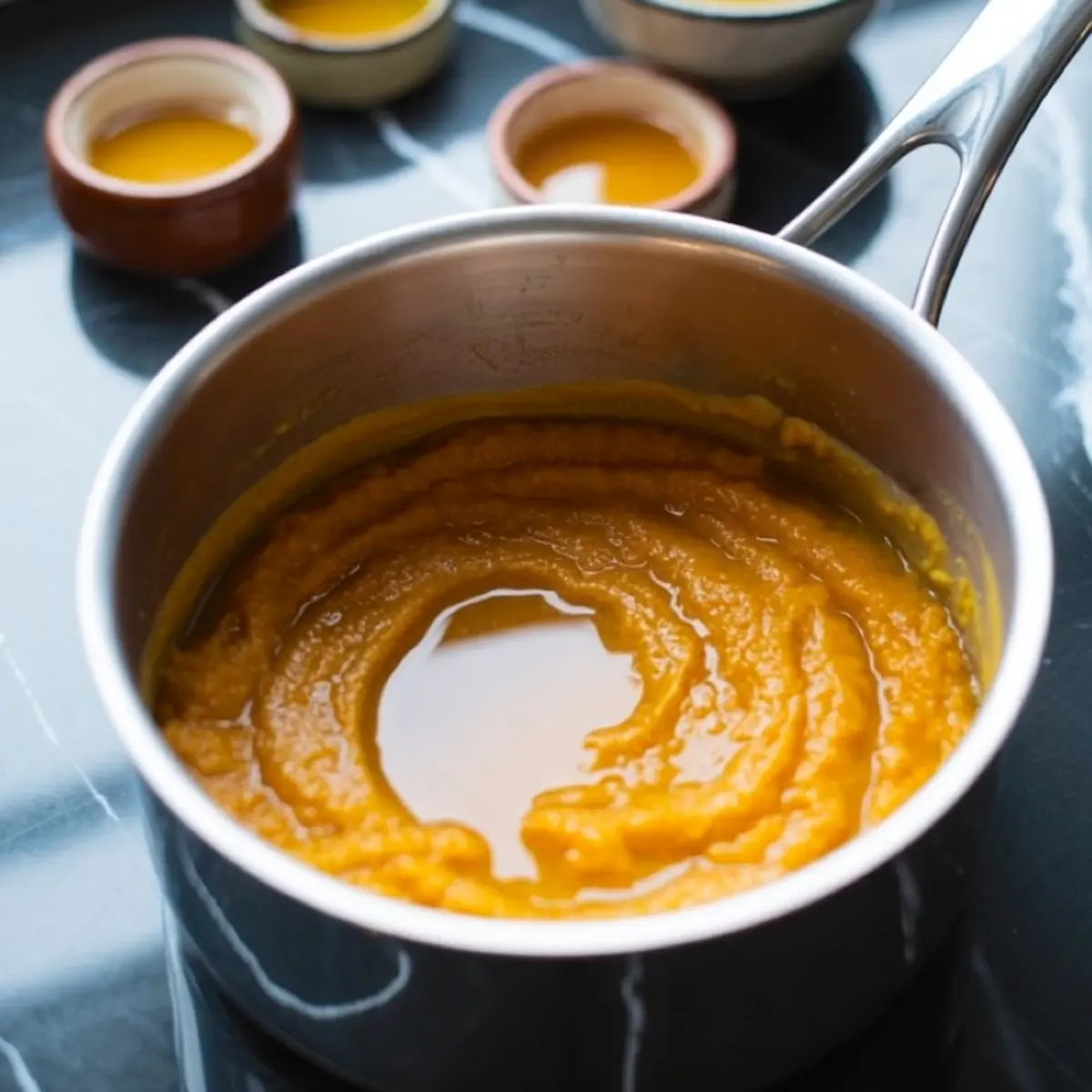Pumpkin butter simmering in a saucepan with a glossy swirl texture, with small bowls of ingredients in the background.