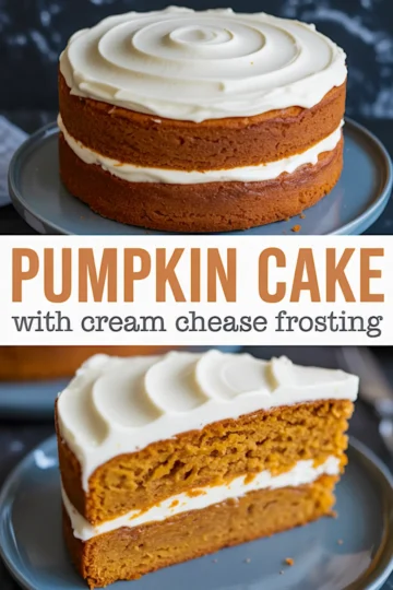 Two-layer pumpkin cake with cream cheese frosting, decorated with swirls on top and served with a slice cut to reveal the moist texture inside.