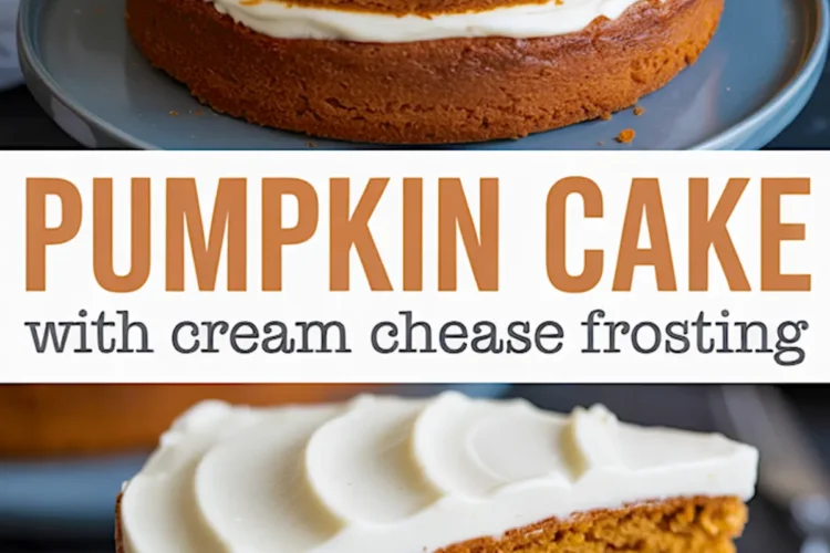 Two-layer pumpkin cake with cream cheese frosting, decorated with swirls on top and served with a slice cut to reveal the moist texture inside.