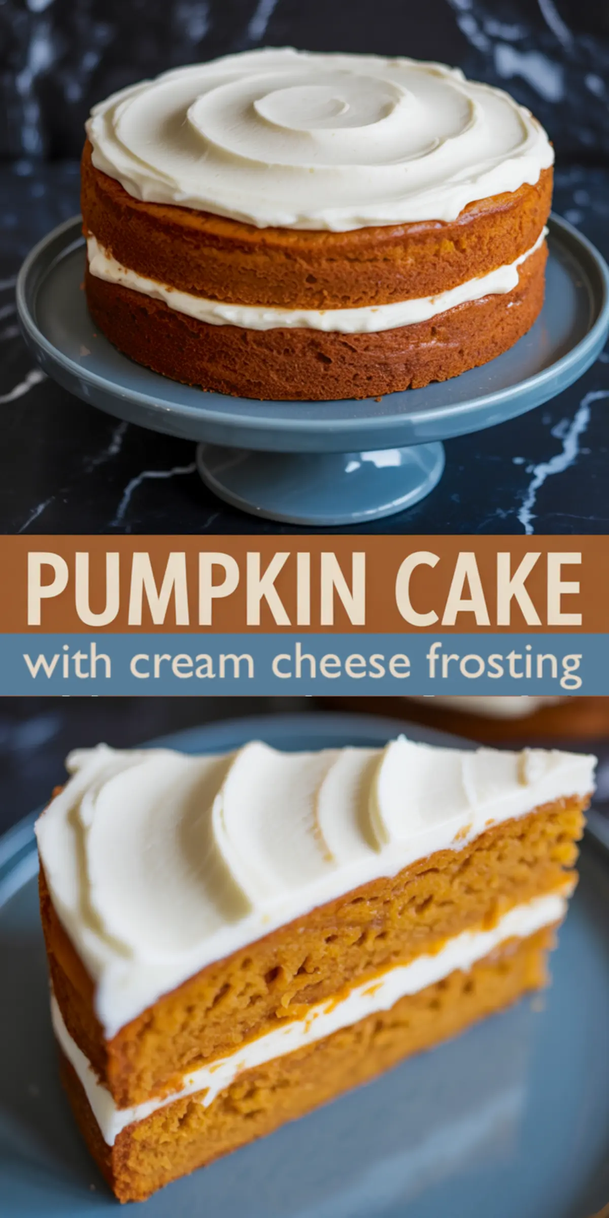 Pumpkin cake with cream cheese frosting displayed on a cake stand, with a slice served on a plate to show its rich, fluffy layers.