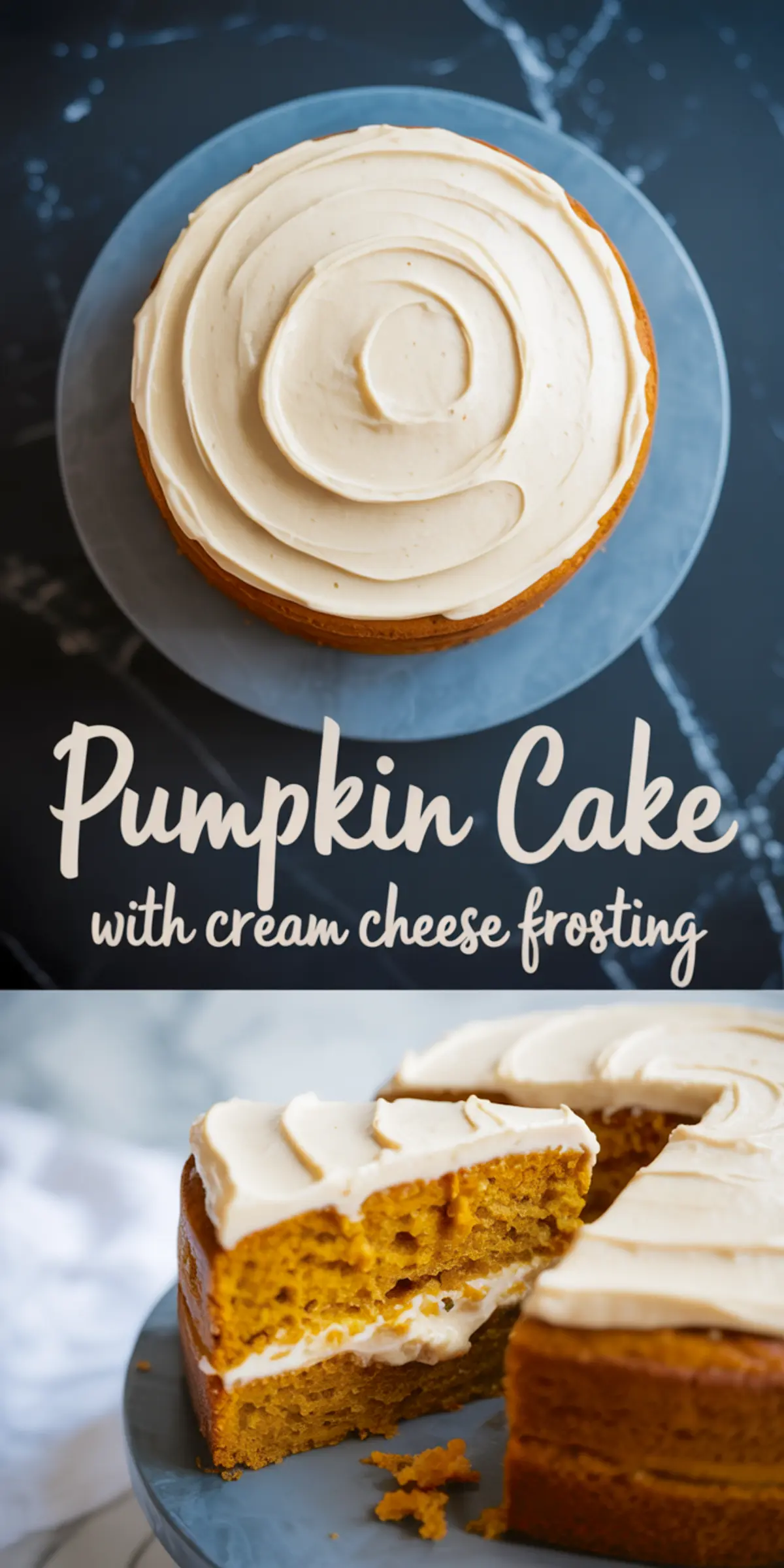 Whole pumpkin cake with cream cheese frosting viewed from above, decorated with smooth swirls, alongside a sliced piece showing the moist interior.