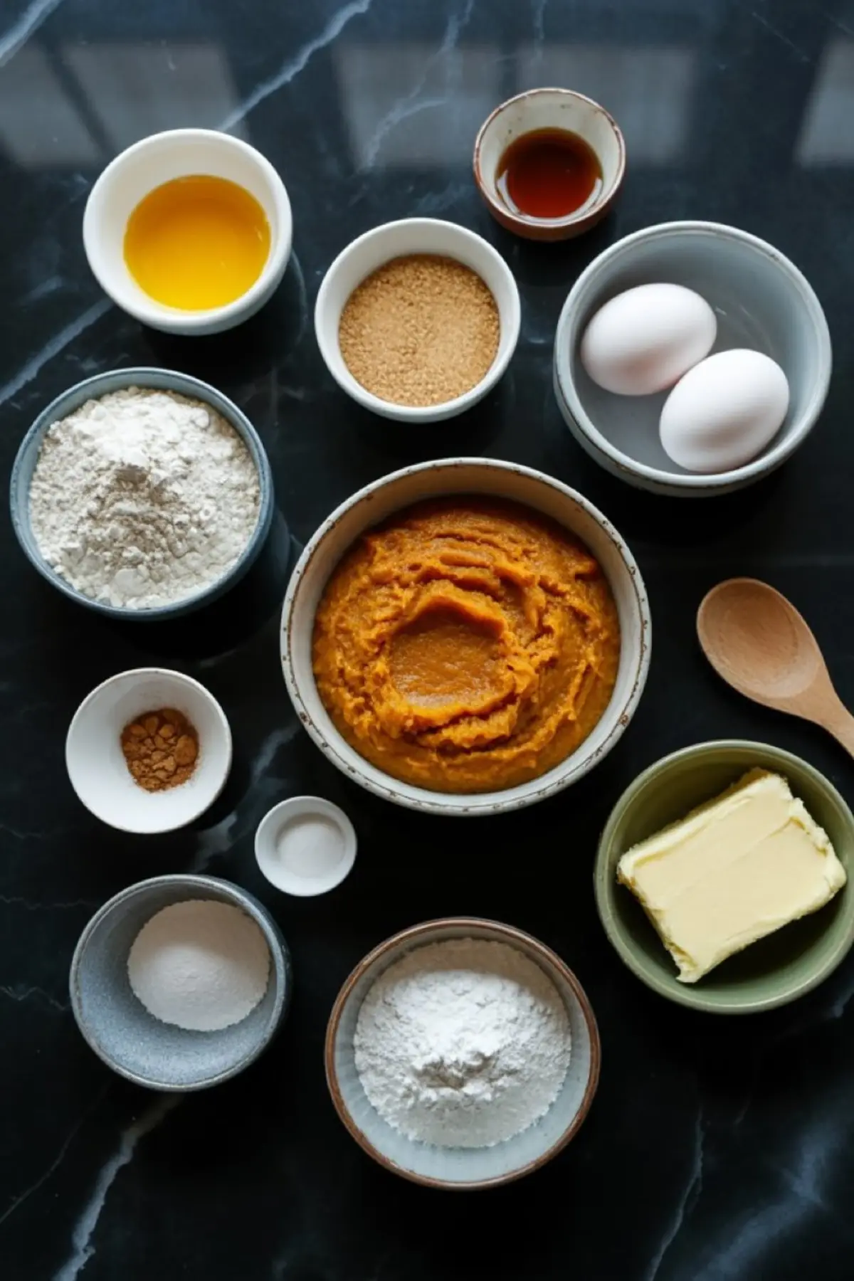 Flat lay of pumpkin cake ingredients including flour, sugar, eggs, butter, pumpkin puree, vanilla, oil, baking powder, cinnamon, and salt arranged on a black surface.
