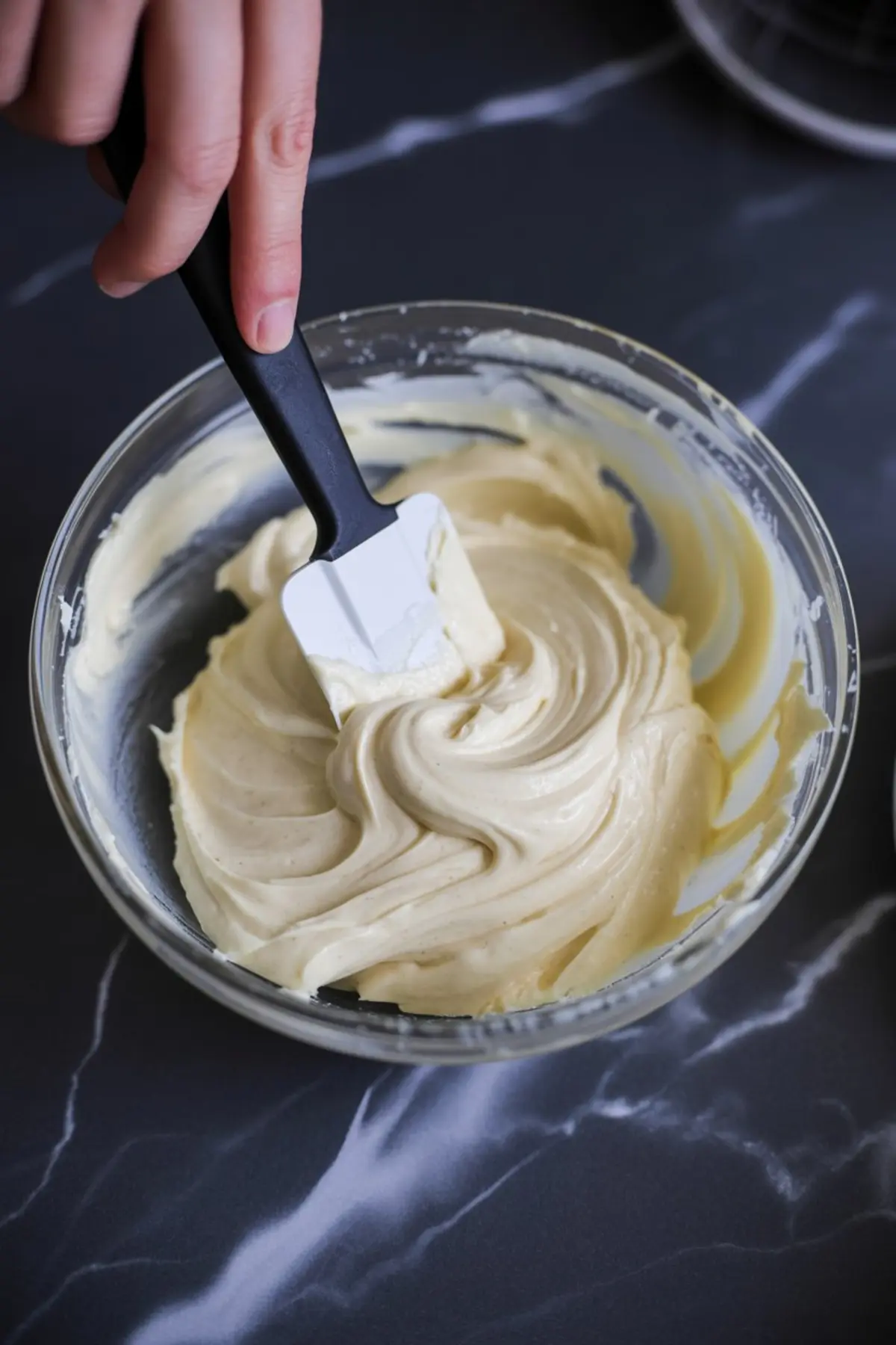 Creamy whipped cream cheese frosting being mixed with a spatula in a glass bowl on a marble countertop.