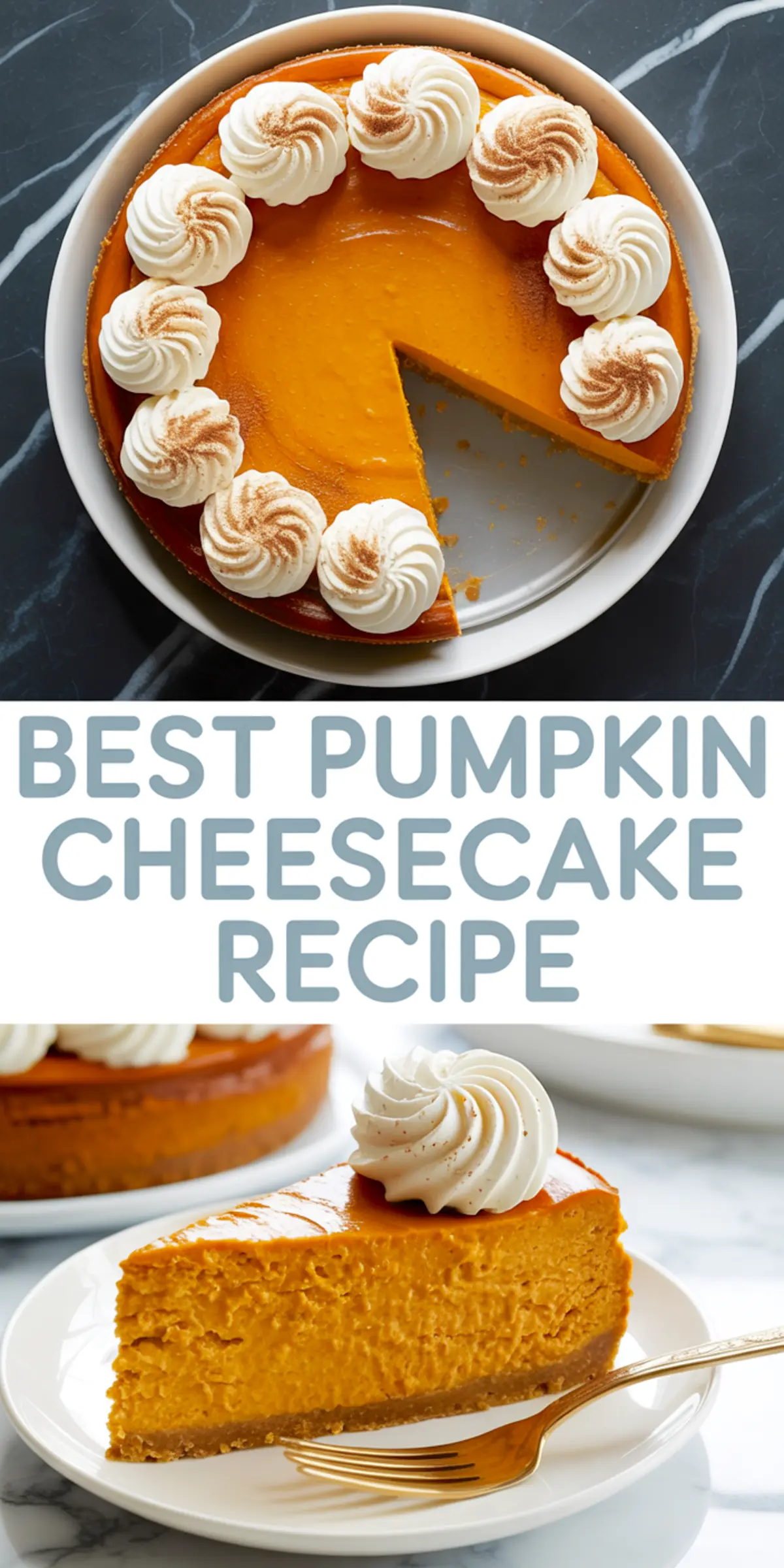 Whole pumpkin cheesecake topped with piped whipped cream and cinnamon, with a clean slice missing to show texture.
