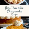 Slice of pumpkin cheesecake on a white plate with a gold fork, topped with whipped cream and cinnamon, full cake in background.