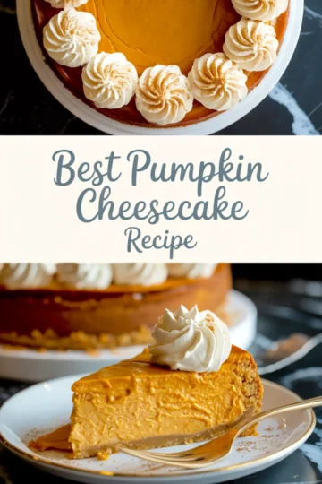 Slice of pumpkin cheesecake on a white plate with a gold fork, topped with whipped cream and cinnamon, full cake in background.