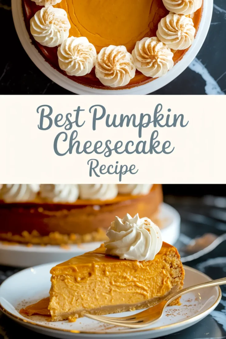 Slice of pumpkin cheesecake on a white plate with a gold fork, topped with whipped cream and cinnamon, full cake in background.