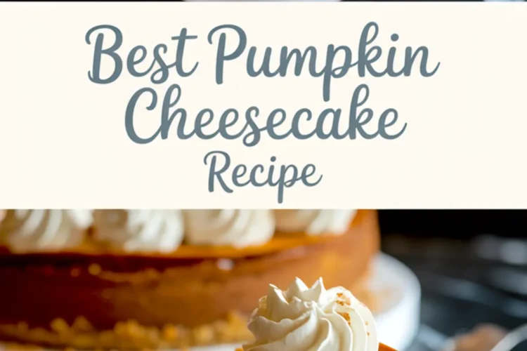 Slice of pumpkin cheesecake on a white plate with a gold fork, topped with whipped cream and cinnamon, full cake in background.