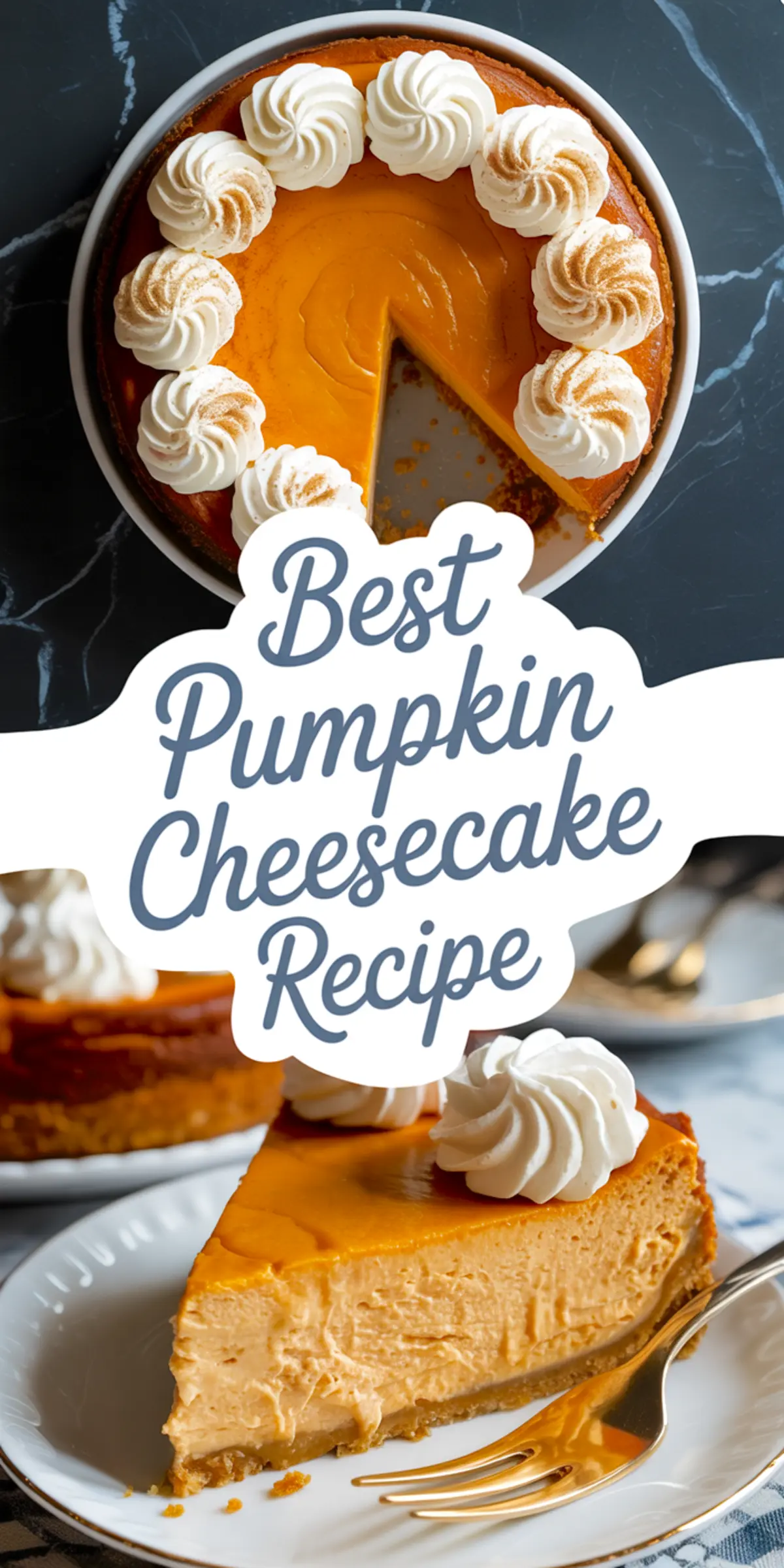 Top-down view of pumpkin cheesecake with decorative whipped cream swirls, served with a close-up slice on a plate.

