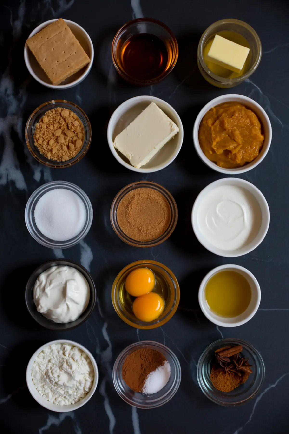 Flat lay of pumpkin cheesecake ingredients in small bowls including pumpkin purée, cream cheese, eggs, spices, sour cream, and graham crackers.
